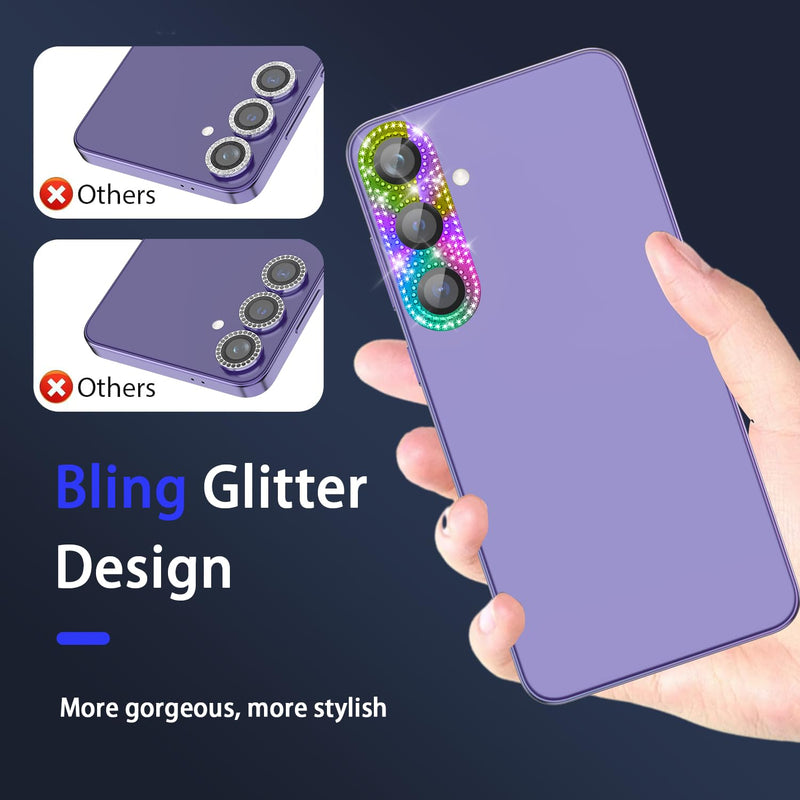 for Samsung Galaxy S24 Plus Camera Lens Protector, Glitter Diamond Bling Sparkly Tempered Glass Protective Camera Lens Flim, HD Clear, Ultra-Thin Metal Ring Case Friendly, Colorful