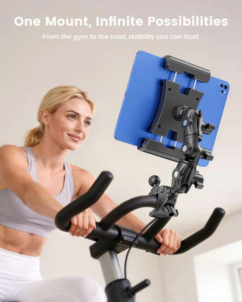 OHLPRO Tablet Holder for Mic Stand, 360° Adjustable Dual Arm Tablet & Phone Mount with Clamp, for Treadmill Handlebar, Peloton Bike, Stroller, Wheelchair, Fits 4.7–14.6" Devices 4.7–14.6"