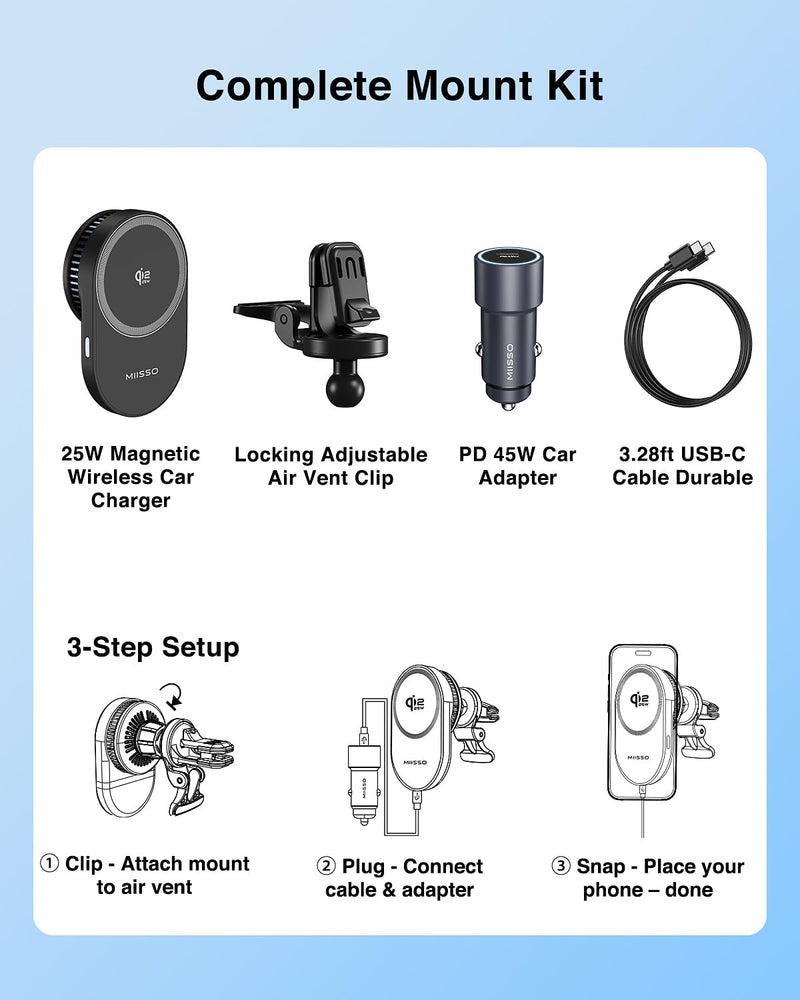 Qi2.2 25W Magnetic Vent Mount Car Charger with TEC Cooling Fan | Strong Magnetic Hold, 360° Adjustable Viewing, Wireless Air Vent Mount with 45W PD Adapter & USB-C Cable, for iPhone 12-17