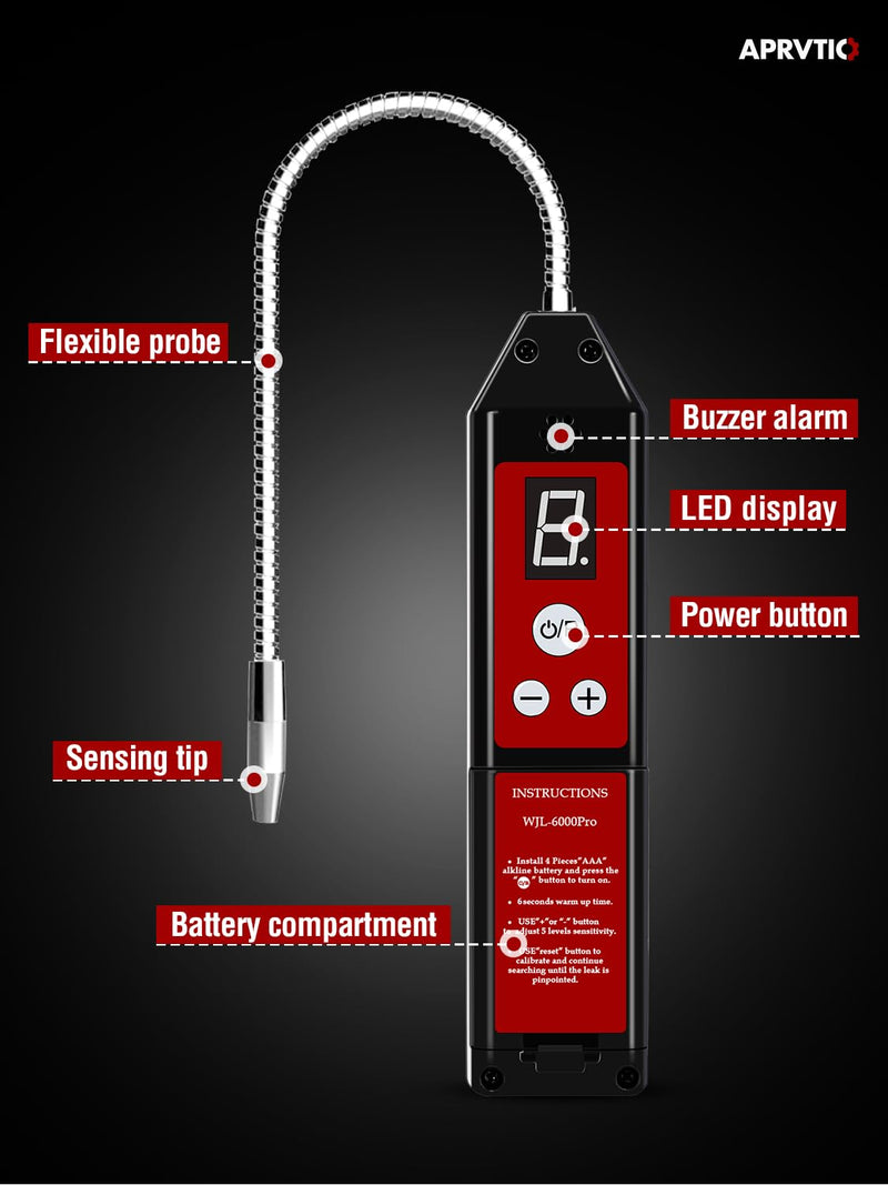 Refrigerant Leak Detector with LED Light, Aprvtio WJL-6000PRO Halogen Leak Detector Freon Gas Leakage Tester HVAC Air Condition R22 R410A R134A R1234YF CFCs HCFCs HFCs Indicator Freon Sniffer WJL-6000PRO-UV