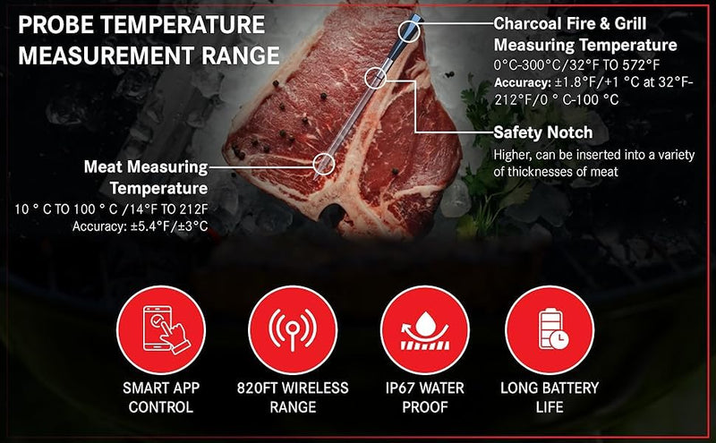 Wireless Bluetooth Meat Thermometer for Grill, Smoker, BBQ, Oven – 820ft Range, Digital Instant Read Cooking Probe for Steak, Turkey – Smart App Control, High Accuracy, Single Probe