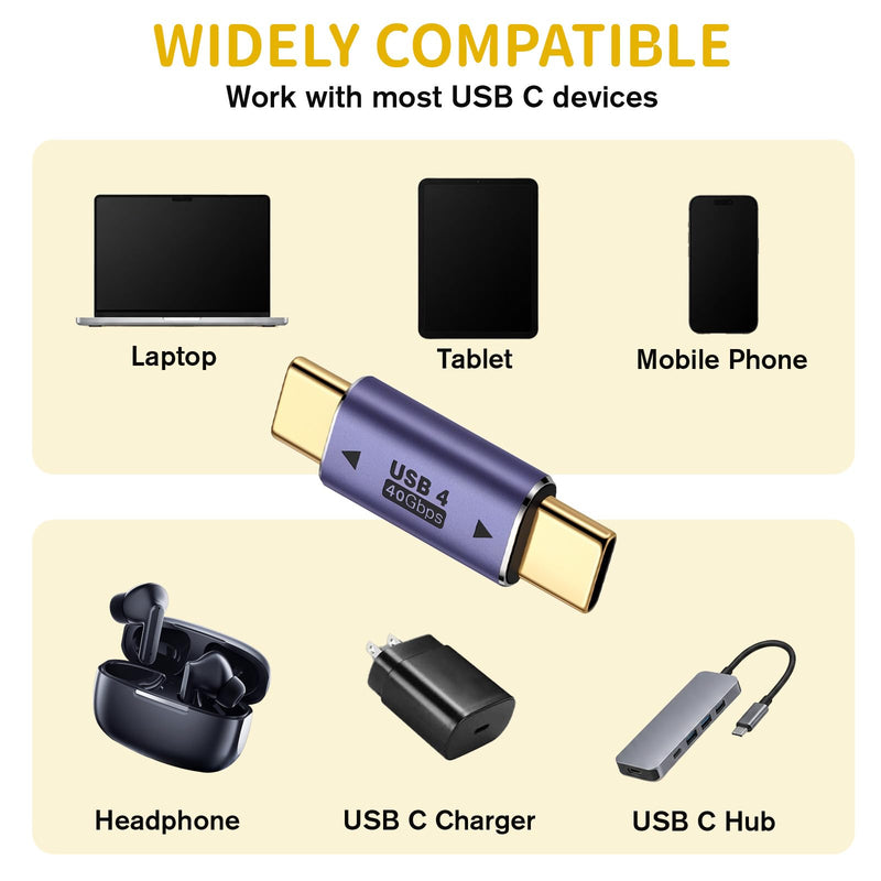 2 Pack USB C Male to Male Adapter Type C Coupler Extender Support 40Gbps Data 100W Fast Charging Video for Laptop Phone and TypeC Devices
