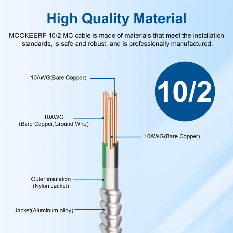 10/2 MC Cable with Ground - 10FT Pure Copper 10AWG/2 Metal Clad Wire with Aluminum Armor 10 Gauge 2 Conductor Type MC Alum Cable