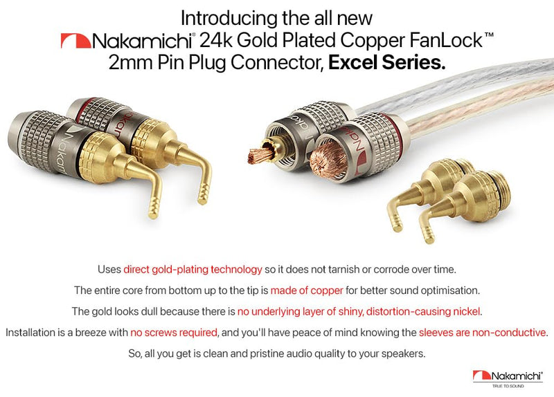 Nakamichi FanLock Excel Series 24k Gold Plated 2mm Pin Plug Banana 10 AWG - 18 AWG Gauge Size 4mm for Spring Clip Speakers Amplifier Hi-Fi Home Theatre Wire Cable Quick Connector, 10 Pcs (5-Pairs) 10 Pcs (5-Pairs)