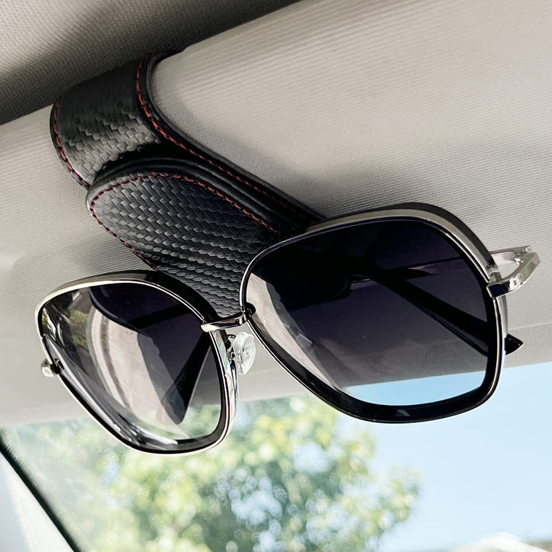 2Pcs Sunglass Holder for Car, Magnetic Leather Eyeglass Hanger Clip for Car Sun Visor, Sunglasses Holder and Ticket Card Clip for Car Visor Accessories (Carbon Fibre Black) Carbon fibre black