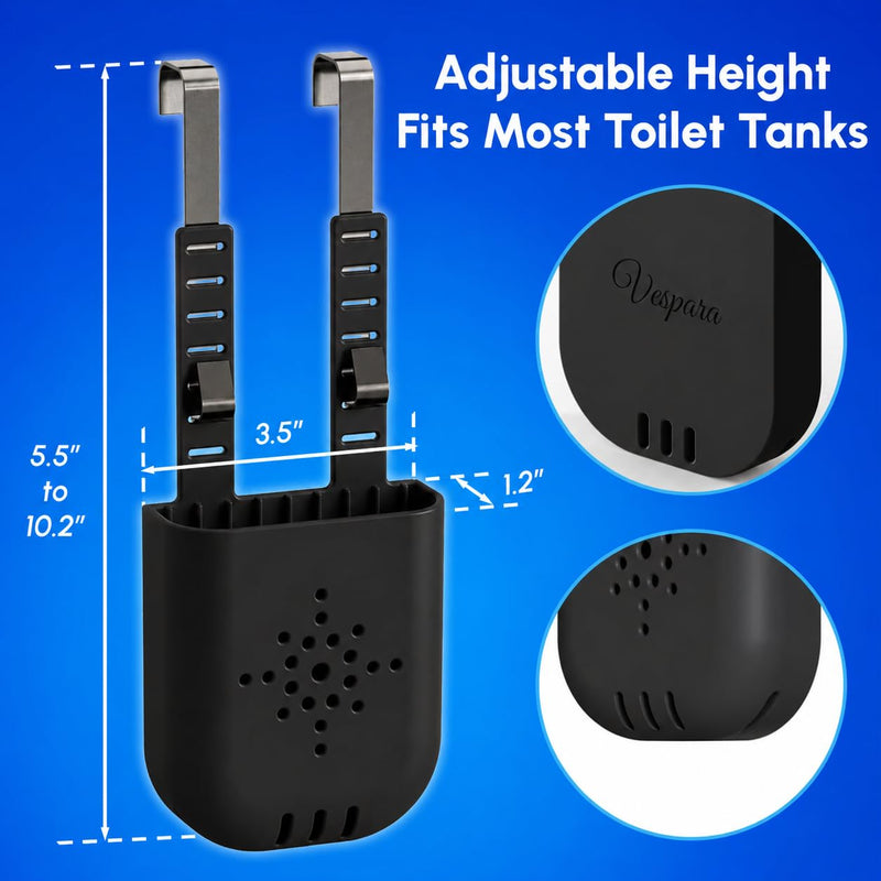 Vespara 2Pcs Adjustable Toilet Tank Tablet Holder, Hanging Silicone Basket Carrier with Rustproof Hooks, Adjustable Height Toilet Tank Tablet Holder (Black) 2pcs Black