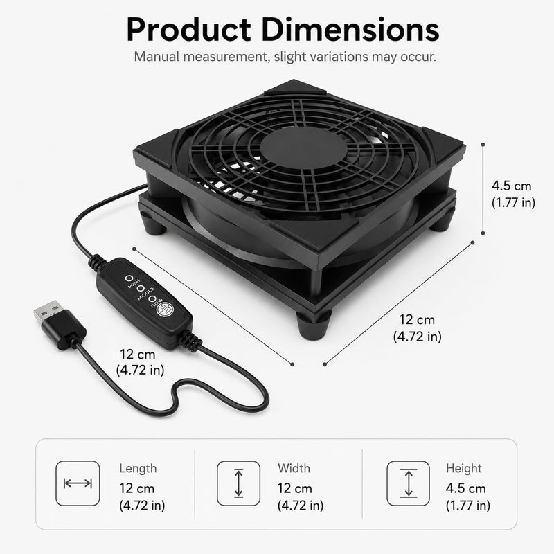 120mm USB Cooling Fan, 3-Speed Adjustable Airflow with Protective Grill, Plug and Play Cooler for Router, Modem, TV Box, AV Cabinet, Game Console, Mini PC, Black