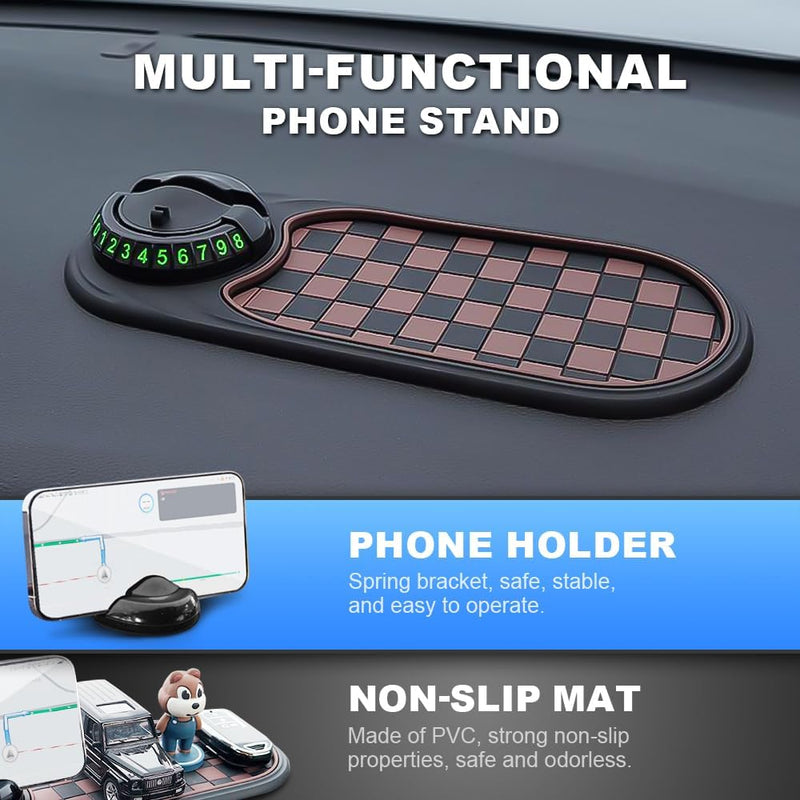 Multifunction Car Anti-Slip Mat, Upgrade Car Anti-Slip Mat Phone Holder with Temporary Parking Number, Rotatable Anti Skid Car Dashboard Pad for Phone Sunglasses Keys (Brown+Gold) Brown+Gold