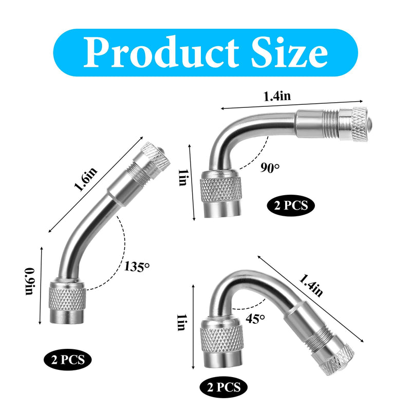 6 Pack 45 Degree 90 Degree 135 Degrees Metal Valve Stem Extenders, Dually Valve Stem Extenders Universal Valves Extensions for Wheels Passenger Cars RV Stroller Bicycles Motorcycles Trailer, Silver