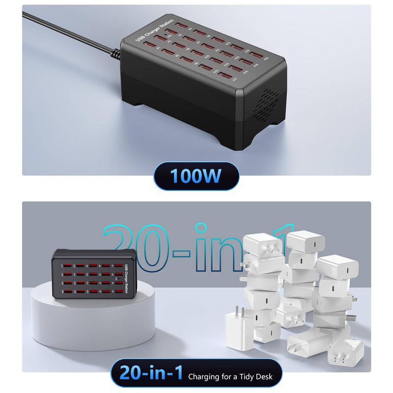 100W 20-Port USB Charging Station for Multiple Devices | USB Charging Hub Compatible with iPhone, Android Tablet and More-Desktop Charger for Home, Office & Entrepreneur
