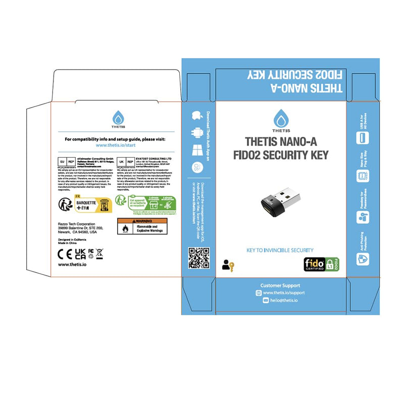 Thetis Nano-A FIDO2 Security Key Hardware Passkey Device with USB Type A, TOTP/HOTP, FIDO2.0 Two Factor Authentication 2FA MFA, Works with Windows/mac/iOS/Android/Linux/Gmail/Facebook/GitHub/Coinbase