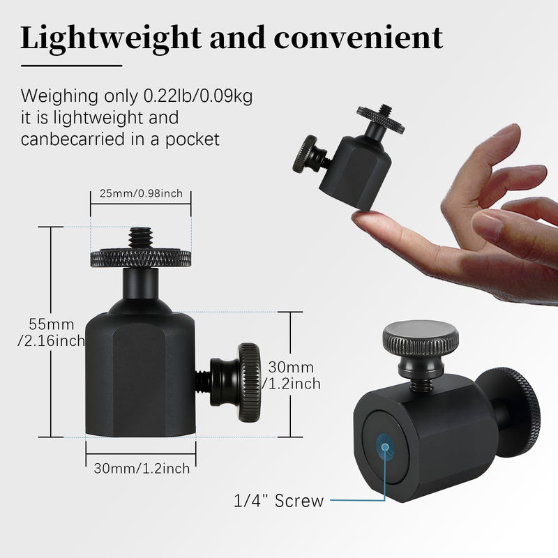 Mini Ball Heads Universal Tripod Ball Head Camera Screw Mount, 360 Degrees Rotatable Tilt with 1/4 inch Screew for Cameras Monopods Camcorder LED Light Stand, Loads to 10lbs, Black (2) 2