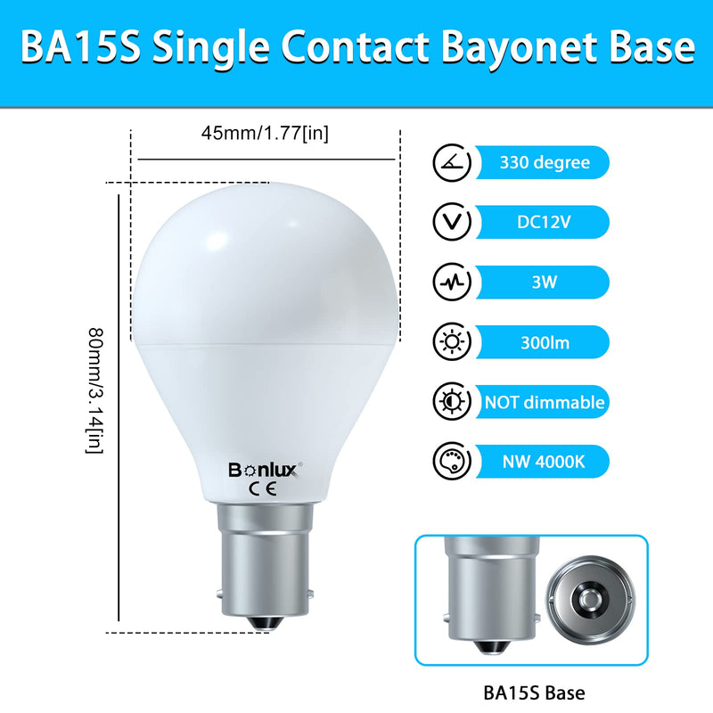 Bonlux 1156 1141 1003 12V RV Vanity LED Light Bulbs, 3W 1383 1139 20-99 BA15S Single Contact Bayonet Vanity Replacement Bulb for 5th Wheel Camper RV Interior Light Bulb Natural White 4000K, 4-Pack 3 Watts-BA15S