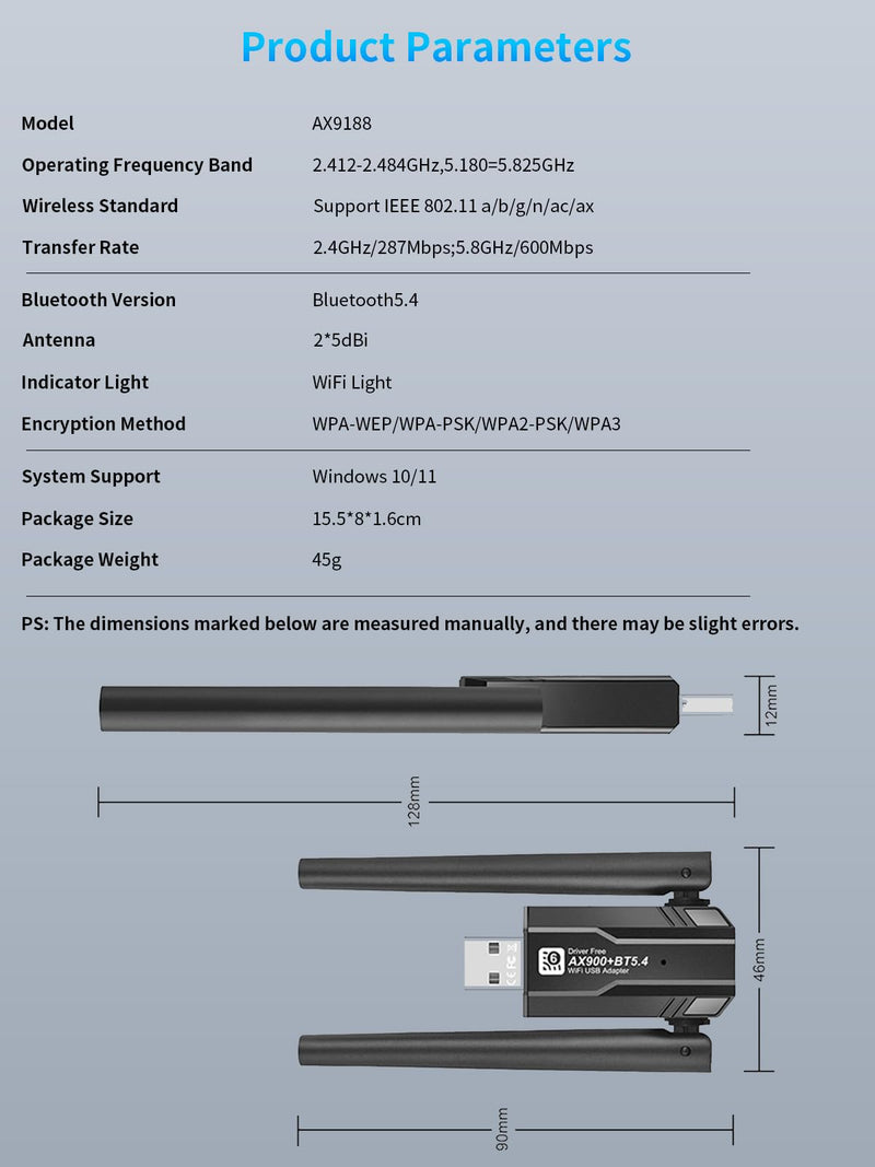 USB Wireless Network Adapter for PC/Laptop, AX900Mbps USB WiFi 6 Adapter Supports 2 x 5dBi Antenna Supports Bluetooth 5.4 Dual Band 2.4/5GHz, 802.11ax, WPA3, Supports Windows 11/10/8.1/8/7