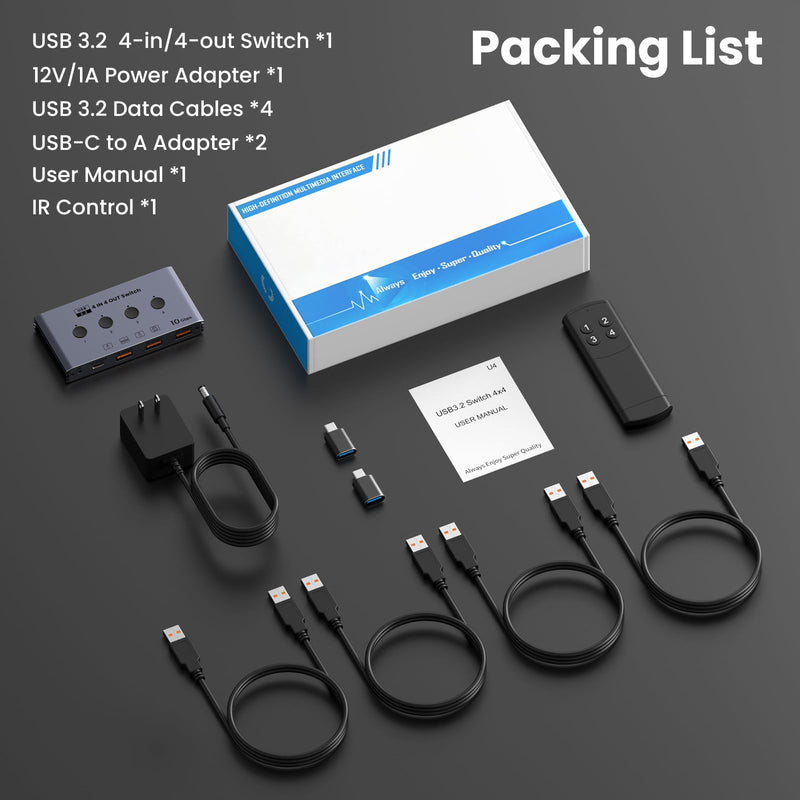 USB 3.2 Switch Selector 4 Computers Share 4 USB Devices 10Gbps High-Speed USB Sharing Switch with 1 USB-C & 3 USB-A Ports, Keyboard Mouse Switcher for PC Laptop with Remote Control & Power Adapter