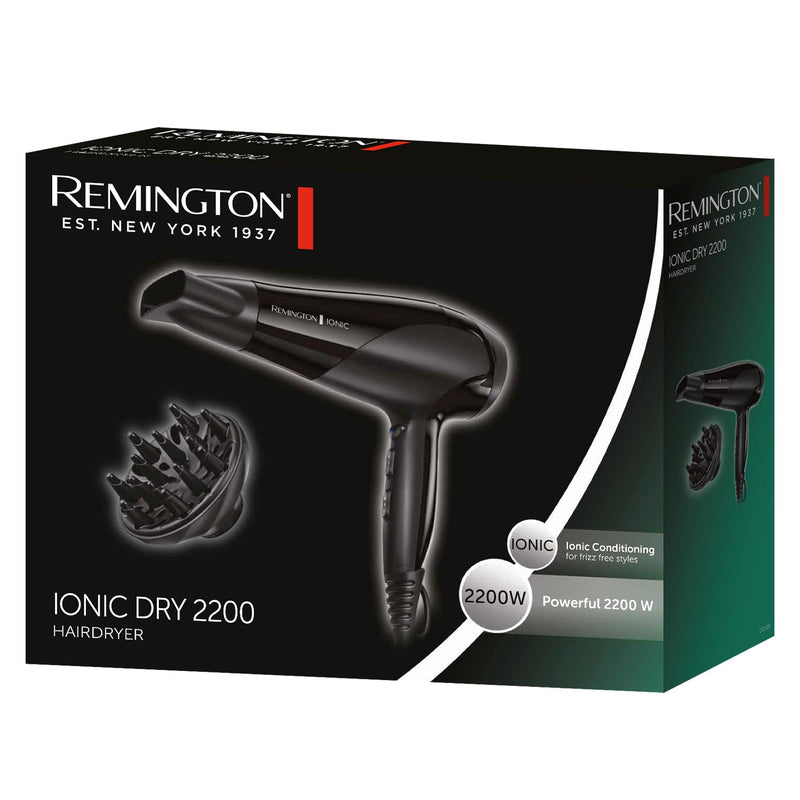 Remington Hair Dryer, Ionic Conditioning, 2200W, 3 Heat, 2 Speed, Black | Fast Professional Styling, Diffuser and Concentrator Attachments, Frizz Free Hair, Cool Shot Feature, Black, D3198 Single