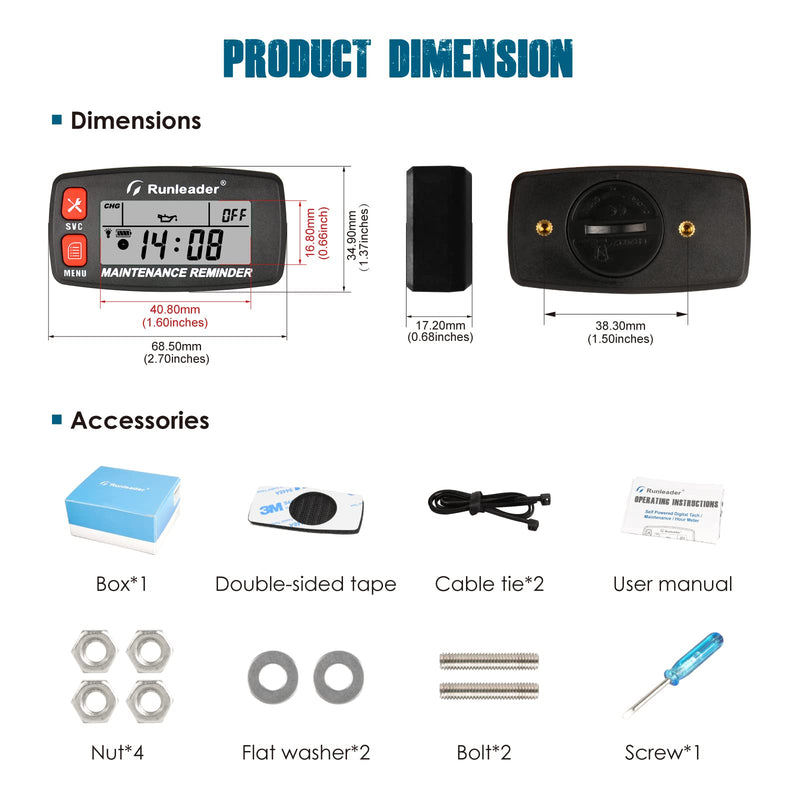 Runleader Digital Maintenance Tach Hour Meter Gauge,RPM Alert,Backlight Display,Battery Replaceable,Used for Small Gas Engine, Works on Garden Tractor Motorcycle Generator Snowmobile Chainsaw Marine.