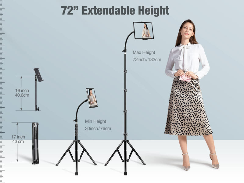 elitehood 72" Adjustable iPad Stand Floor, Heavy Duty Tablet Tripod Stand, Floor Tablet Tripod Holder for iPad Pro 12.9 Mini Air, iPhone and 4.7-13 inches Devices