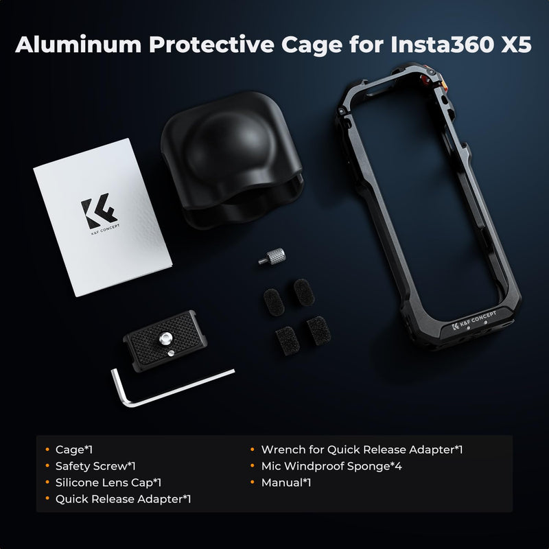 K&F CONCEPT Camera Cage with Silicone Lens Cover for Insta360 X5 | Aluminum Alloy Protective Case Frame with 2 Cold Shoe Mounts for Microphone and Led Video Light Built-in 1/4" Screw Hole CI01 Cage+Quick Mount