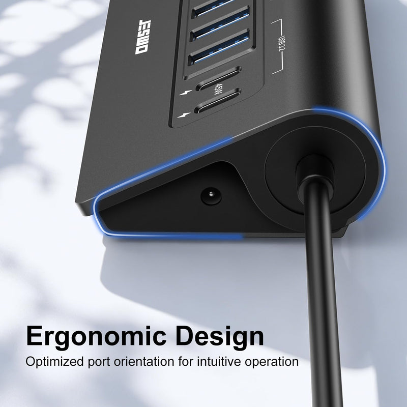 Powered USB Hub, 10Gbps 9-Port JESWO USB Hub, USB 3.2 45W Charging for PC | USB C Hub with 65W adapter, 2 USB 2.0 + 4 USB 3.0 + 3 USB 3.2 A+C ports, Aluminum for PC, Mac, laptop, desktop, and iPhone Black