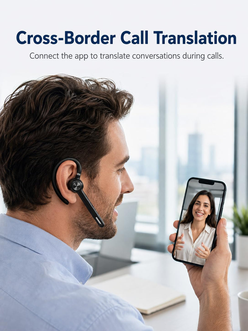 N06 Bluetooth Headset with Real-Time Call Translation & Mute Button | Call Recording, Noise Cancelling Mic, 40H Playtime Wireless Earpiece Hands-Free Headphone for Business Office Trucker Driving