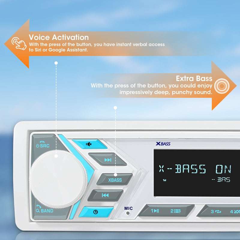 Single Din Marine Radio Bluetooth: Boat Stereo Receiver - Push to Talk Assistant Digital LCD Screen AM FM Tuner 4 Volts Preamp Outputs 2 Subwoofer Ports USB Charging Aux-in Remote Control White Single Din Marine Radio