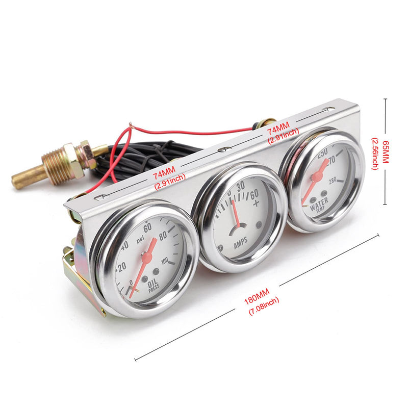2'' 52mm Universal Chorme 12V DC Car Triple Gauge Kit Psi Oil Pressure Gauge Fahrenheit Water Temperature Temp Gauge Ammeter Gauge Set White Face Car Meter