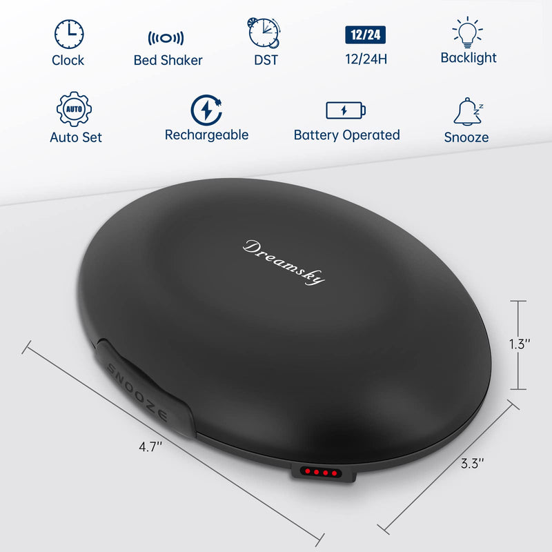 DreamSky Vibrating Alarm Clock for Heavy Sleepers - Bed Shaker Alarm Clock Under Pillow for Adults Teens Kids & Hearing Impaired, Rechargeable Battery Operated for Bedroom, Travel, Auto DST, Backlight Black