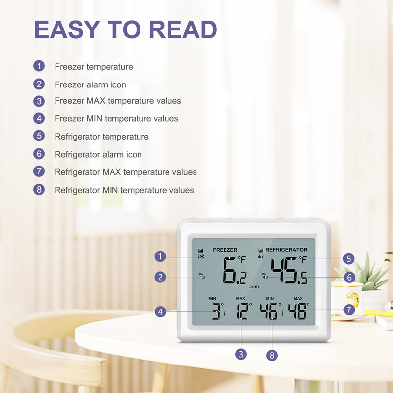 Digital Refrigerator Thermometer - 3.7 inch LCD Backlight Freezer Thermometer with 2 Sensors, Digital Fridge and Freezer Thermometer with Alarm, Max/Min Records, for Homes Restaurants Cellars Regular Screen