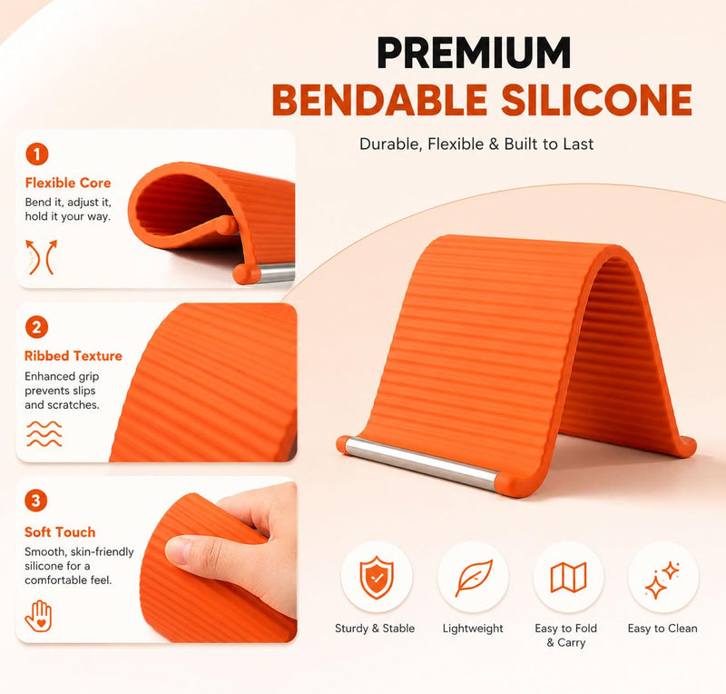 Portable Foldable Silicone Aluminum Phone Holder, 2026 New Flexible Silicone Aluminum Phone Holder, Folded into Any Shape, Universal Adjustable Anti-Slip Desktop Mount for Home Office Travel (Orange) Orange