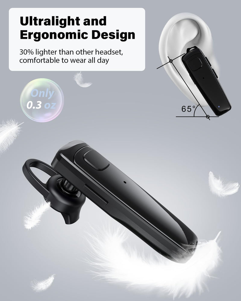 Bluetooth Headset, Single Ear Business Earbuds, V5.3 Hands-Free Earphones with Hook, 16 Hrs Talk Time Wireless Earbuds, Bluetooth Earpiece with Built-in Mic for Driving/Business/Office/Truck Driver Black