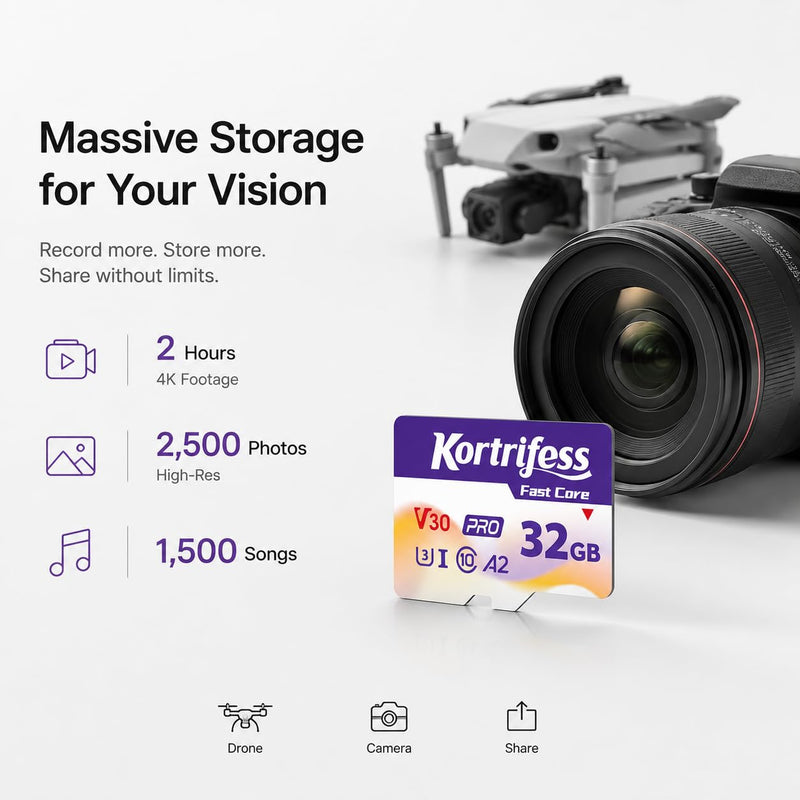 32GB Micro SD Card, microSDXC TF Card UHS-I Flash Memory Card | Read Speed 80MB/s, Class 10, C10, U3, A2, V30 for Smart Phones, DSLR Camera 4K UHD Full HD Video Recording