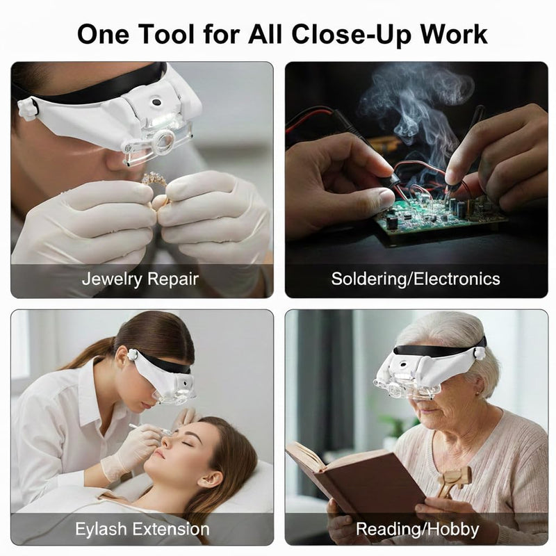 Headset Magnifying Glasses with LED Light, 15 Magnification Combinations - Hands-Free Headband Loupe with 6 Lenses (1.5X to 13X) for Jewelry, Watch Repair, Eyelash, Crafts & Reading 1.5X-13X
