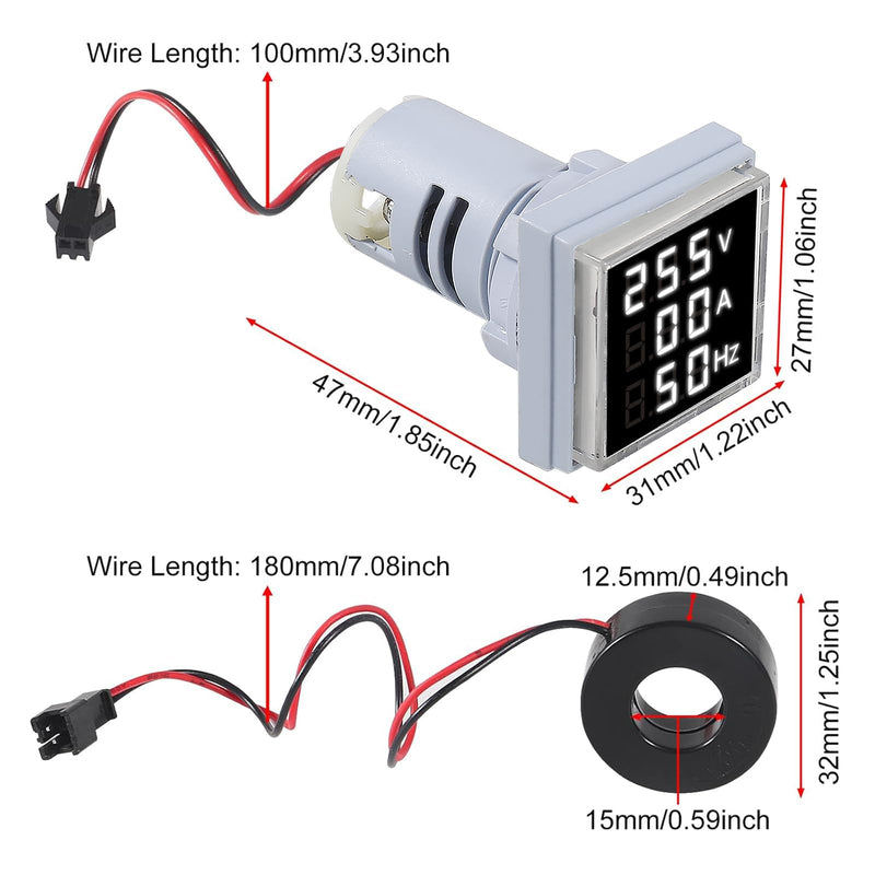 3pcs 3 in 1 60-500V 0-100A AC Digital Ammeter Voltmeter, 22mm Square Digital Tube Screen with Transformer, LED Display Voltage Detector Current Tester Gauge(White) White 3 in 1 Square