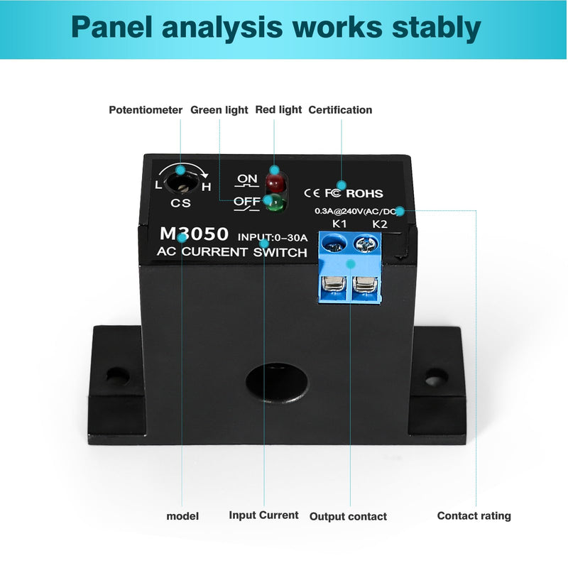 Jadeshay AC Current Sensing Switch Normally Open Current Sensing Relay 240V AC 0.2-30A Adjustable Current Sensor M3050 Model