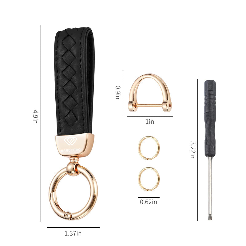 Genuine Leather Car Keychain, Handmade Knit Sheepskin Key chains for Women, Universal Key Fob Holder with 360 Degree Rotatable, Anti-Lost D-Ring, 2 Keyrings and 1 Screwdriver – Black