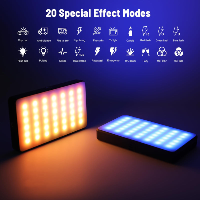 RGB Video Light with Multi Functional Stand, 140 Lamp Beads 360° Full Color LED Camera Light with 3 Cold Shoe CRI≥95 2500K-9000K±200K, 2000mAh Rechargeable Photography Lighting with 20 Scene Modes W140RGB