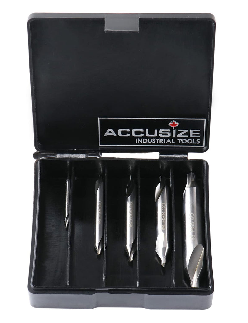 Accusize Industrial Tools 5pc ANSI M42 (H.S.S. + 8% Cobalt) Center Drill Set, 0556-5500 | ANSI M42 (HSS + 8% Cobalt), Plain Style, 60° Included Angle, Right Hand, Single Fluted, Plastic Case M42 8% Cobalt