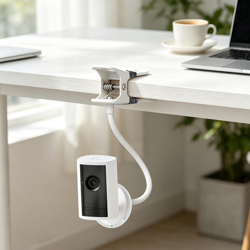 2 Pack Clip Mount Compatible with Ring Indoor Cam Plus/Pan-Tilt Indoor Cam | No Drill Adjustable Flexible Clamp Stand Bracket, 1/4" Threaded Holder for Desk, Crib, Nursery, Shelf, Pillar, White