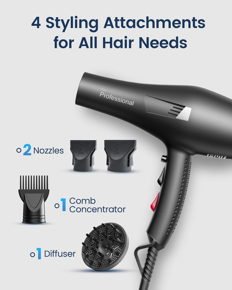 Banniliu 2000W 130M Ionic Hair Dryer with 4 Attachments | Professional Blue Light Anti-Frizz Hairdryer Fast Blow Dryer for Women Curly Hair Midnight Black