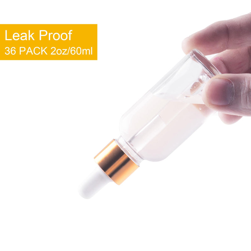 36 Pack 2oz Clear Glass Dropper Bottles, 60ml Glass Eye Dropper Bottles for Essential Oils, Perfumes, Laboratory Use (Gold & dropper, 2oz-36Pack) Gold & Dropper
