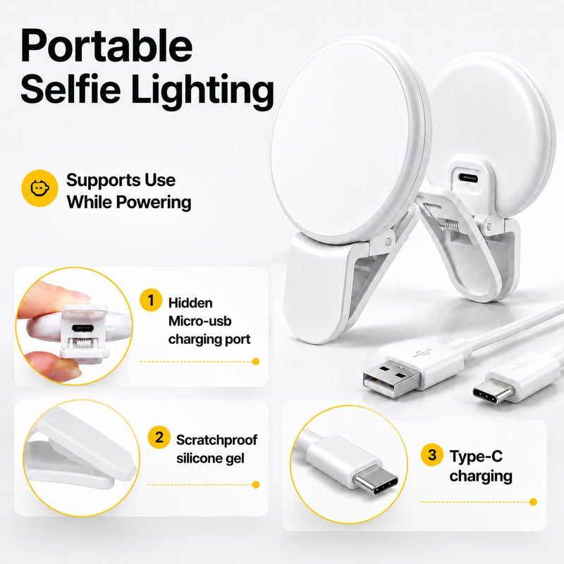 2Pcs Mini LED Ring Light for Phone, Rechargeable Clip On Selfie Light | Portable Adjustable Brightness LED Lighting for Video Recording, Compatible with iPhone, iPad, Laptop (White)