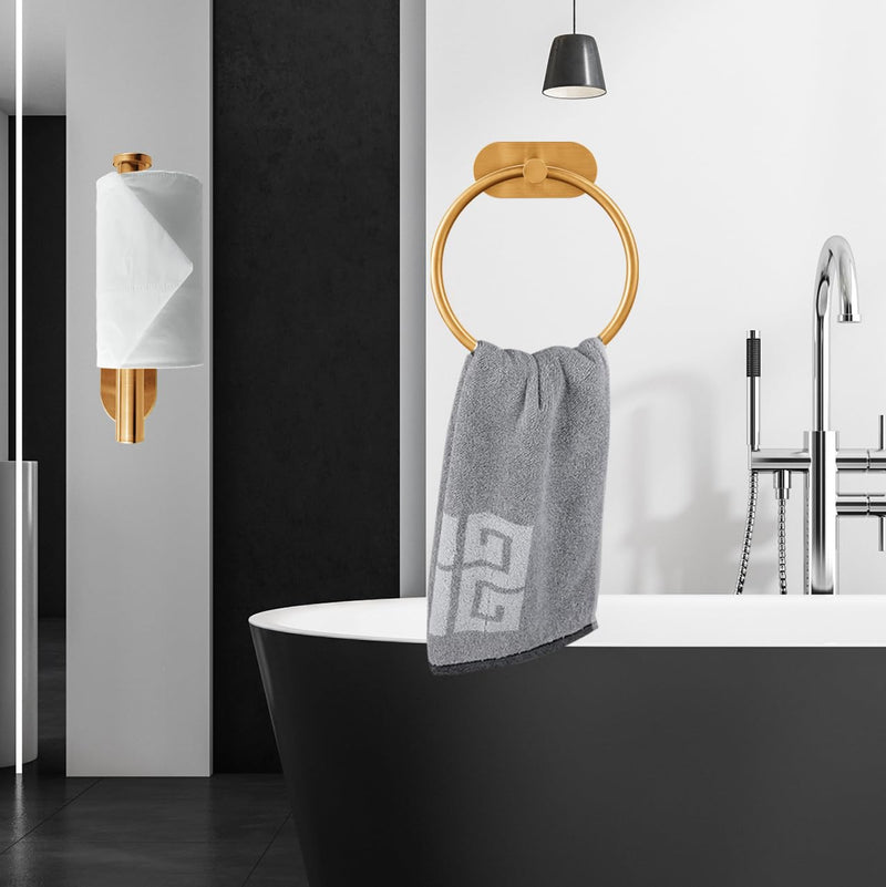 Self Adhesive Towel Ring and Toilet Paper Holder, No Drilling Stainless Steel Bathroom Hardware Set, Sturdy Bathroom Accessories for Home or Kitchen, Wall Mounted (Gold) Brushed Gold