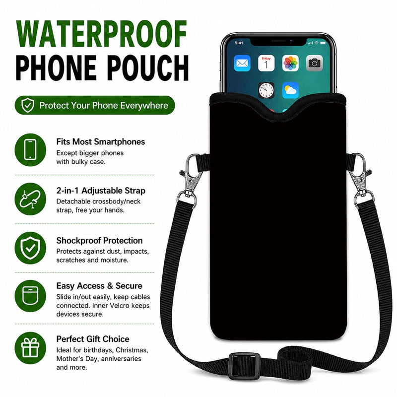 Neoprene Phone Sleeve Pouch Case Bag for Women Men with Crossbody Strap, 7.1x3.9 in, Shockproof Mobile Protection Case Bag with Neck Lanyard, Fits Most Phones, Classic Black Color 01