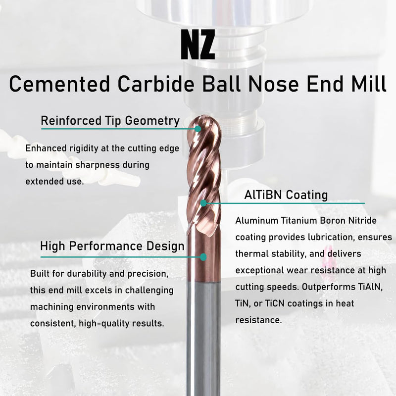 NZ 1/4" 4-Flute Ball Nose End Mill TiSiN Coated Carbide CNC Router Bits for Machining Stainless Steel, Alloy Steel and Titanium Alloy, 5-Pack 1/4 inch