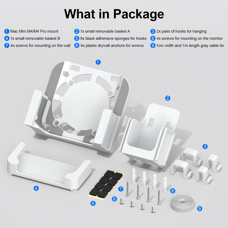 VESA Mount for Mac mini M4 with Storage Baskets – Wall & Monitor Mounting Bracket, Anti-Scratch & Non-Slip Design, Full Port Access, Compatible with VESA 75x75mm & 100x100mm, Not for M1/M2