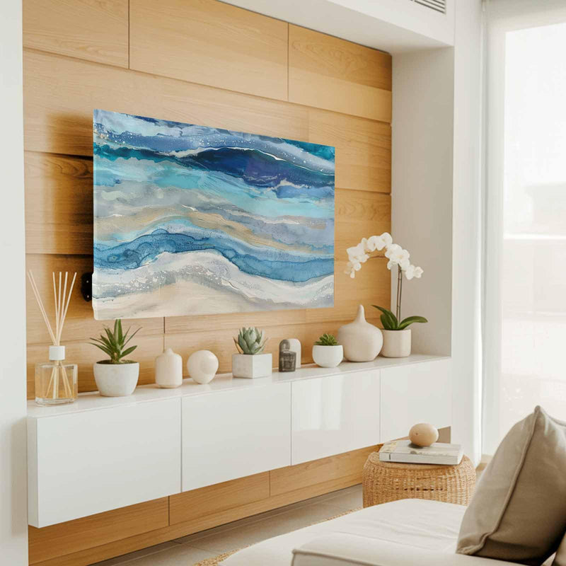 Blue Coastal TV Cover Indoor Elastic TVs Screen Protector, Summer Beach Nautical Monitor Covers Inside Dust Proof Slipcover, Modern Abstract Art 65 Inch TV Cover for Flat or Curved TVs 65"TV Blue Beige
