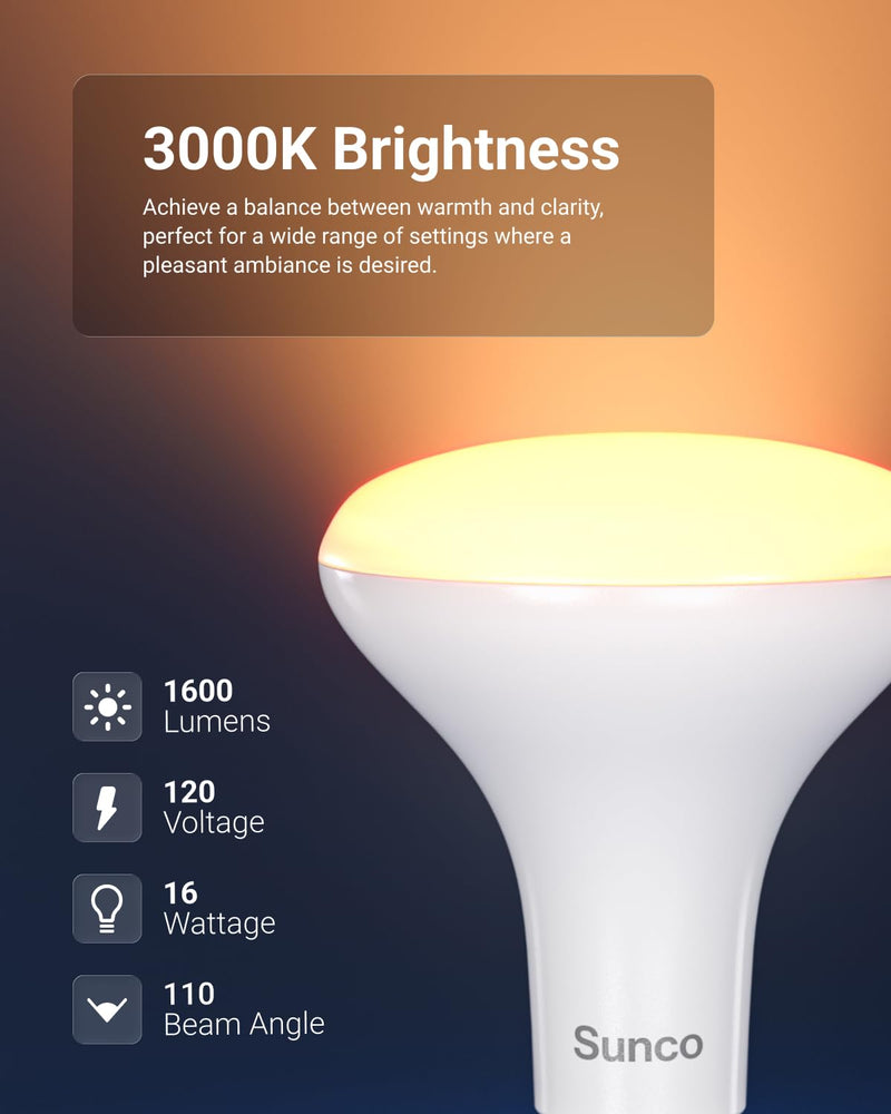 Sunco 6 Pack BR30 LED Bulb, Recessed Can Light Bulbs, Indoor Flood Lighting, 1600 LM, 16W (100W Equivalent) 3000K Warm White, E26 Medium Base, Dimmable UL White - 3000k