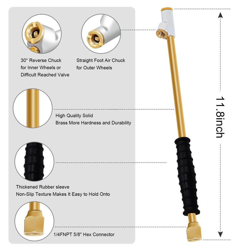 GODESON Air Chuck for Semi Truck,11.8" Extended Reach Dual Head Nozzle,1/4" FNPT Brass Rod with Rubber Handle,2-Way Connection air Chucks for Tires(Pack of 2) Copper 11.8-inch