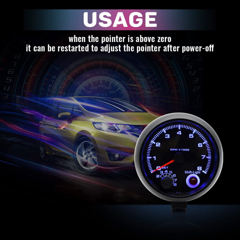 Tachometer Gauge,3.75'' Car Universal Black Tachometer Gauge Blue Inter Shift Light 0-8000 RPM